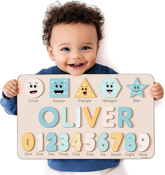Custom Handmade Name Puzzle with Shapes, Numbers and Names, Personalized Birthday Gift for Kids, Christmas Gifts for Toddlers, Unique New Baby Gift, Wooden Montessori Toy