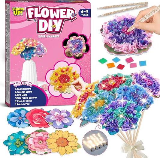 DIY Flower Bouquet Craft Kits, Poke in Art Arts and Crafts for Kids Girls Boys 4 5 6 7 8 9 10 11 12 Years Old Great Birthday Christmas Gifts 6 Flowers with LED Lights