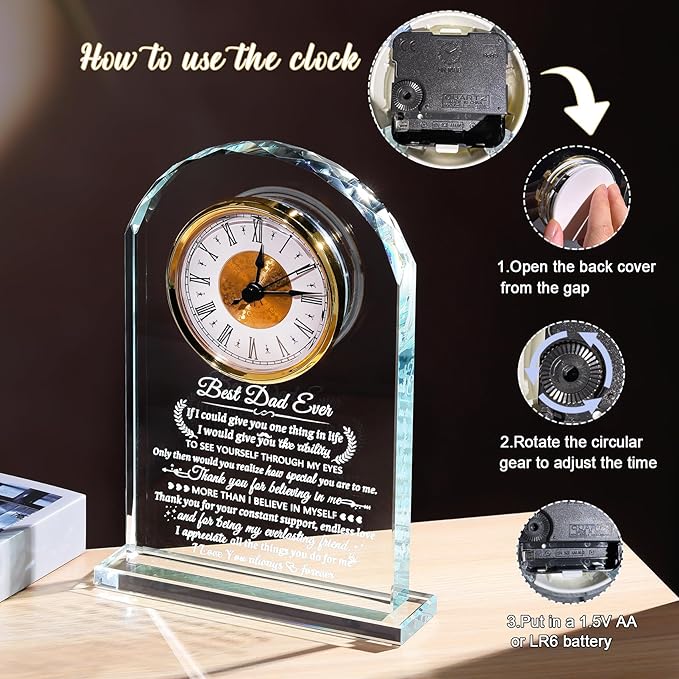 Glass Clock Gifts for Dad from Son Daughter Personalized I Love You Gift for Dad Who Has Everything on Birthday Father's Day, Presents for Daddy on Christmas Home Desk Clock