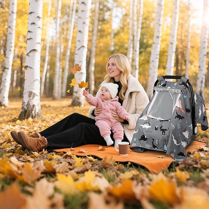 Car Seat Cover Baby, Carseat Covers Baby with 2 Layers Breathable Zipper Windows, Windproof Infant Car Seat Cover, Kick-Proof Baby Carrier Cover for Baby Boy Newborn Essentials