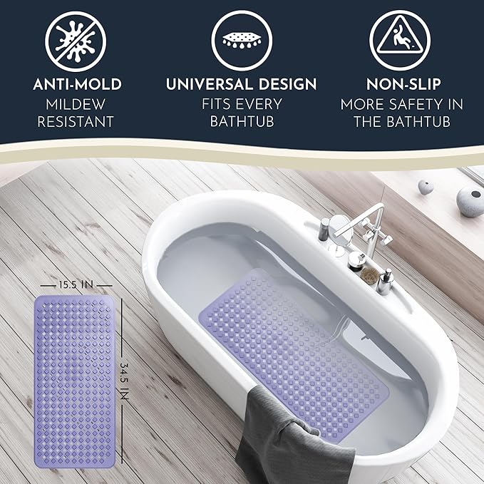 homerella® Bath Mat for Tub Non Slip Mold Resistant 35x16 - Shower Mat Non Slip Anti Mold - Bath Tub Mat Suction Cups incl. Hooks for Drying - Bathtub Mat Non Slip - ANI Slip Shower Mat Inside Tub