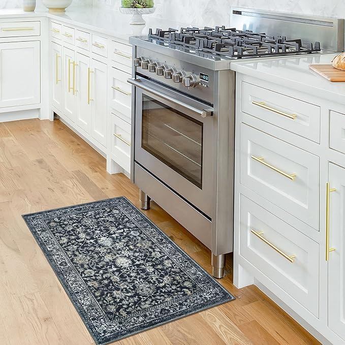 KILOCOCO Moroccan Small Area Rug 2x3 Entryway Rugs Printed Vintage Floral Washable Rug Non-Slip Kitchen Rug Indoor Door Mat, Accent Throw Small Rugs for Laundry Room Bedroom Entrance, Navy/Charcoal