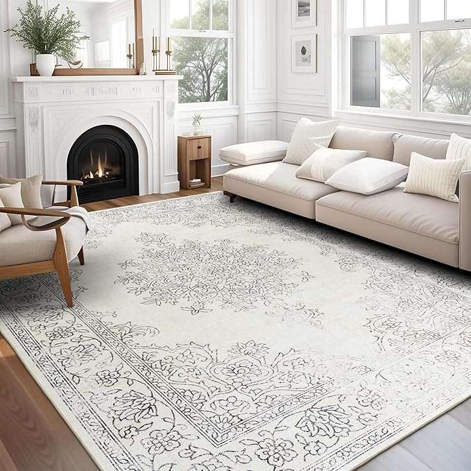 ReaLife Rugs Machine Washable Area Rug - Living Room Bedroom Bathroom Kitchen Entryway Office - Padded Low Pile Stain Resistant Premium - Boho Farmhouse Vintage - Paige - Ivory 7'6" x 9'6"