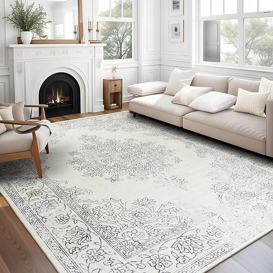 ReaLife Rugs Machine Washable Area Rug - Living Room Bedroom Bathroom Kitchen Entryway Office - Padded Low Pile Stain Resistant Premium - Boho Farmhouse Vintage - Paige - Ivory 7'6" x 9'6"
