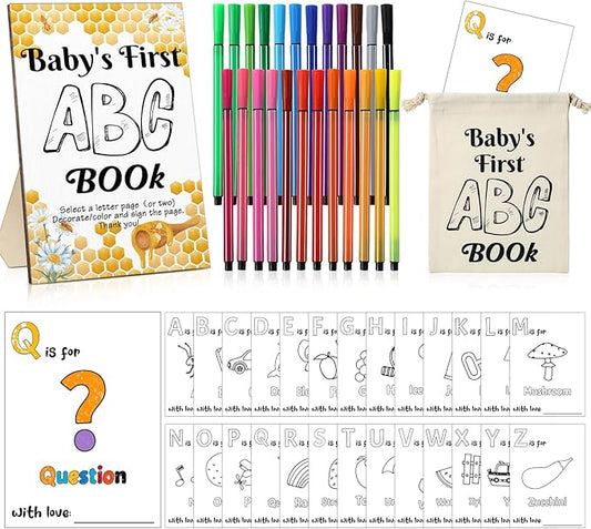 Geelin 51 Pcs Fun Baby Shower Game Activities First ABC Book Sign Coloring Game Card 26 Alphabet a to Z Coloring Card with 24 Watercolor Pen Storage Bag for Baby Shower Party(Bee)