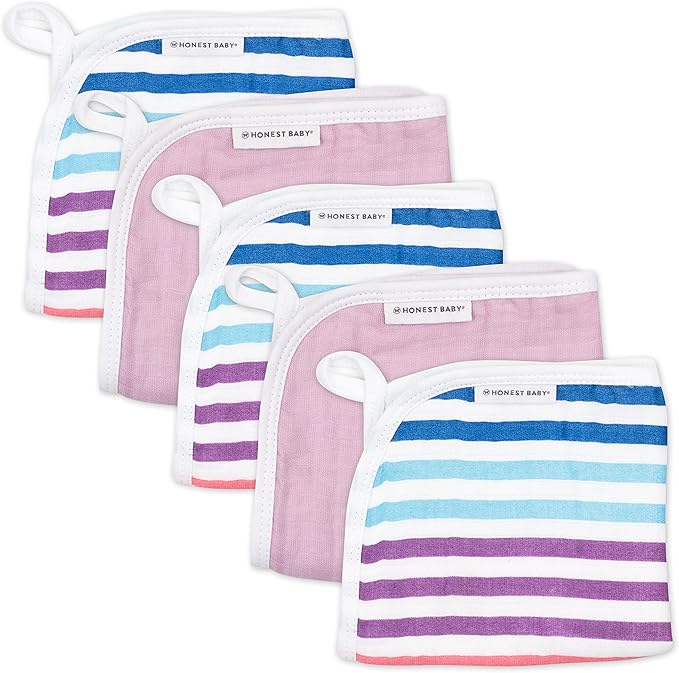 HonestBaby Organic Cotton Triple-Layer Woven Wash Cloths Multipack, Rainbow Stripe, One Size