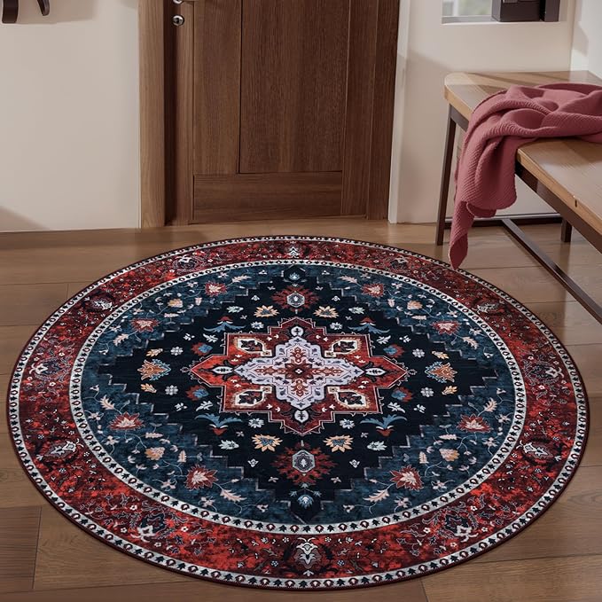 Ciicool Boho Area Rug 4x4ft Round Washable Bedroom Non-Slip Vintage Entryway Throw Low-Pile Indoor Carpet for Living Room Foyer