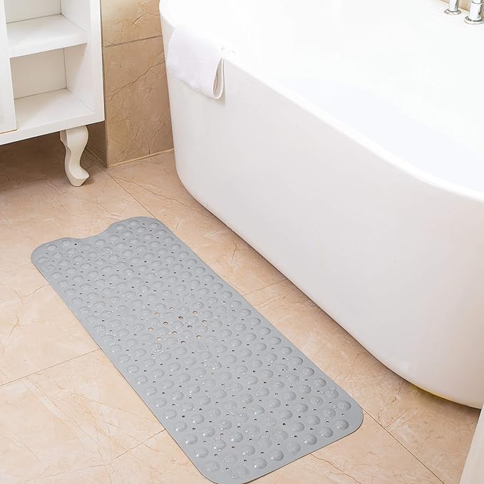 Linoows Bathtub and Shower Mats, Extra Long Non-Slip Bath Tub Mat 39 x 16 Inch, Machine Washable Bathmat with Suction Cups & Drain Holes for Bathroom Floor, Gray
