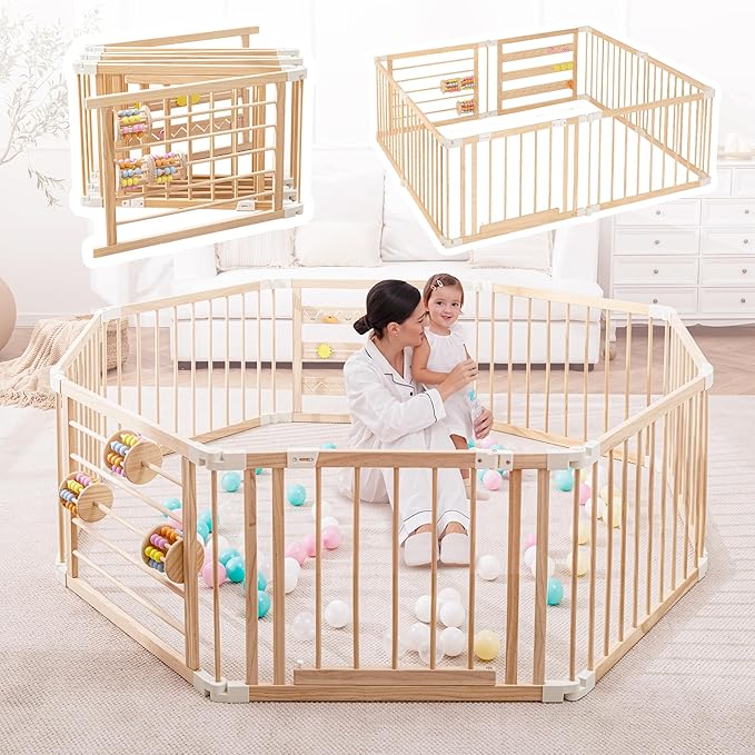 Wooden Playpen & Play Yards for Babies and Toddlers, 67 * 67inch Foldable Wood Baby Play Fence with Sensory Toys, Kids Activity Area Center Indoor Outdoor, Pinewood