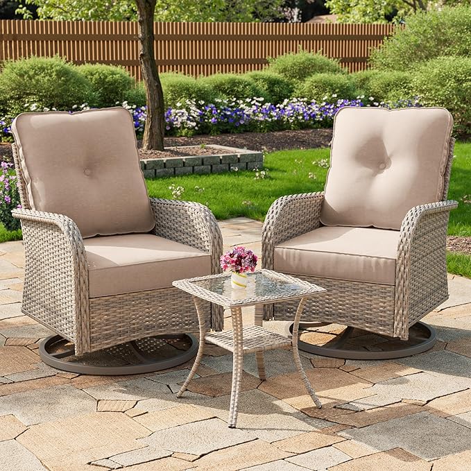 3-Piece Small Patio Furniture Set, Outdoor Swivel Rocking Chairs Set with Wicker Chairs and Tempered Glass Side Table, Outdoor Furniture Patio Bistro Set for Balcony, Deck, Porch