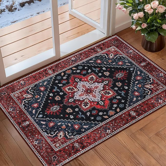 Ciicool Washable Vintage Area Rug, 2x4ft Boho Small Rug, Ultra Soft Rugs for Entryway, Non-Slip Entry Rugs Oriental Low-Pile Indoor Mat Floor Carpet for Entrance Bedroom Kitchen Bathroom Foyer Decor