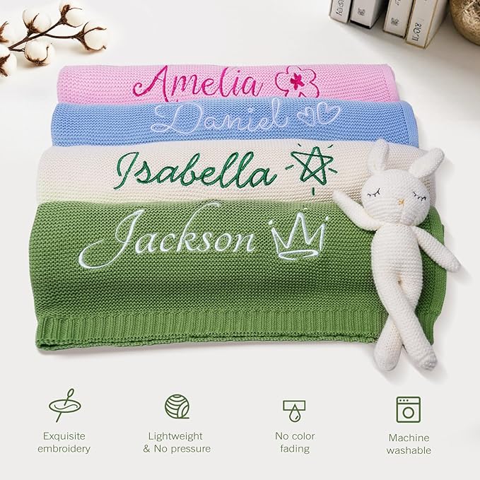 Personalized Baby Blanket with Embroidered Name, Custom Baby Blanket for Boys Girls, 30x40in Customized Baby Receiving Blankets, Personalized Christmas Birthday Boys Girls Newborn Gifts (Green)