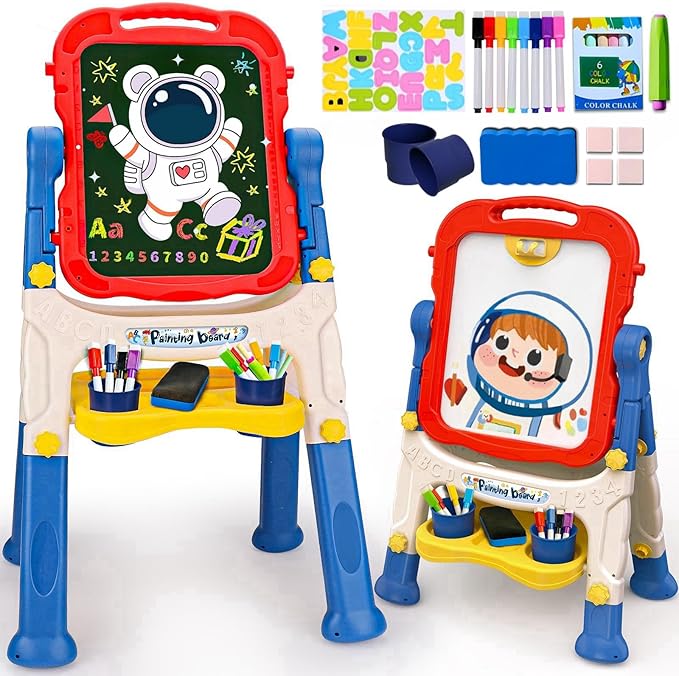 Art Easel for Kids 2-4, Kids Easel Art Magnetic White Board & Chalkboard Double Side Adjustable Stand Drawing Writing Learning Educational Toy for Boys Girl Birthday Gifts(Blue)