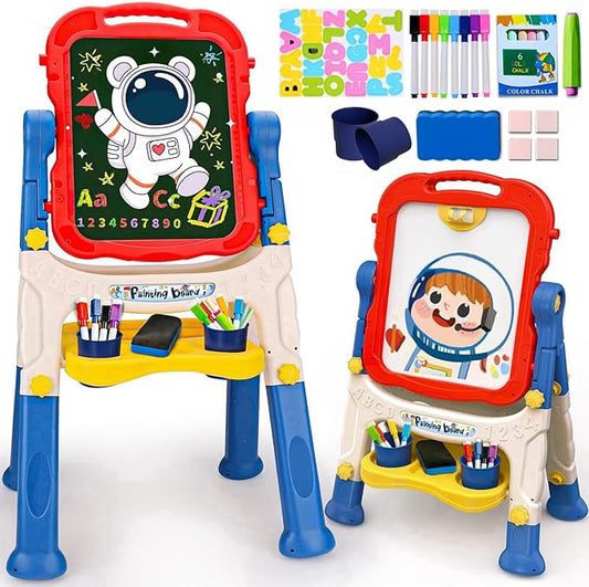 Art Easel for Kids 2-4, Kids Easel Art Magnetic White Board & Chalkboard Double Side Adjustable Stand Drawing Writing Learning Educational Toy for Boys Girl Birthday Gifts(Blue)