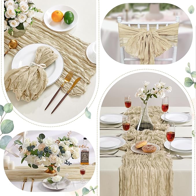 Cheesecloth Table Runner 10FT Long Boho Gauze Table Runner Rustic Sheer Runner for Wedding Bridal Baby Shower Birthday Party Table Decor Thanksgiving Christmas (Beige, 6 Pack)