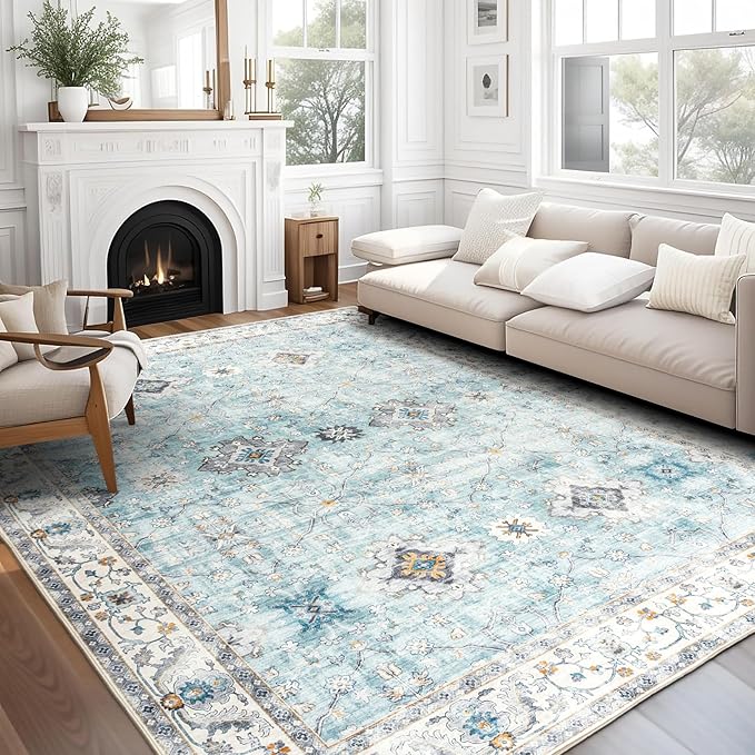 ReaLife Rugs Machine Washable Area Rug - Living Room Bedroom Bathroom Kitchen Entryway Office - Padded Low Pile Stain Resistant Premium - Boho Farmhouse Vintage - BEV - Blue Ivory 4' x 6'