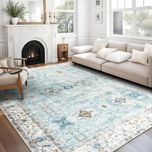 ReaLife Rugs Machine Washable Area Rug - Living Room Bedroom Bathroom Kitchen Entryway Office - Padded Low Pile Stain Resistant Premium - Boho Farmhouse Vintage - BEV - Blue Ivory 4' x 6'