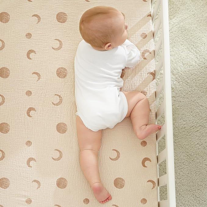 Bearmoss Muslin Crib Sheets 100% Cotton Baby Bed Sheets Soft&Breathable Nursery Sheet 52"x28" for Standard Crib Mattress&Toddler Bed Mattress - 2 Pack (Brown Moon)