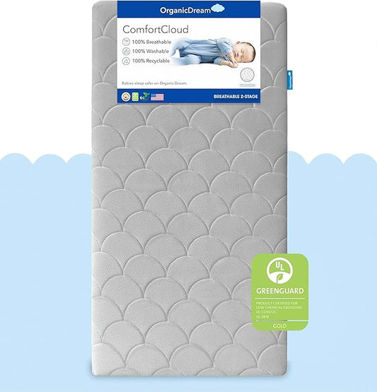 ComfortCloud 2-Stage Crib & Toddler Mattress in Moon Grey I 100% Breathable Proven to Reduce Suffocation Risk, 100% Washable, 2-Stage, GreenGuard GOLD Certified, Removable Cover - Deluxe 5" Thick