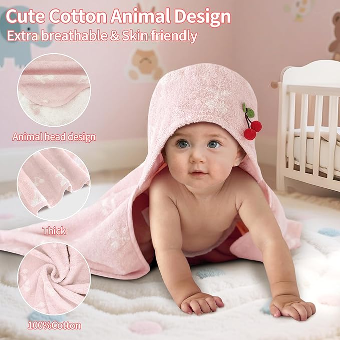 VOOVA & MOVAS Baby Hooded Bath Towel - 100% Cotton,35.5x24 Inches,0-3Years, Super Absorbent Large Towel with Cute Dino Hood for Newborn, Baby, Toddler,Pink Cherry