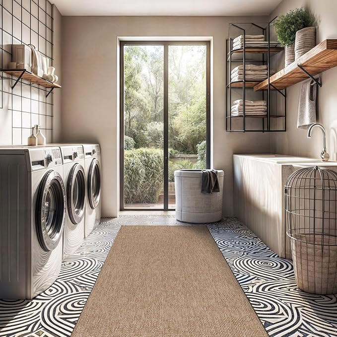 Beverly Rug Easy Jute Runner Rug 2x7 Solid Washable Durable Outdoor Indoor Area Rugs for Living Dining Room Patio Office Stain Resistant Non Shedding Casual Indoor Outside Carpet 2 x 7 Natural