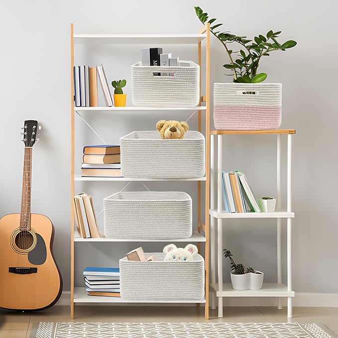 COMFY-HOMI 3 pcs Large Storage Baskets for Shelves, Laundry Basket, Woven Rope Basket, Closet Organizer Bins for Clothes Blanket Towels, Baby Nursery, Gift Toy Baskets, 17” x 13” x 7.5”-White