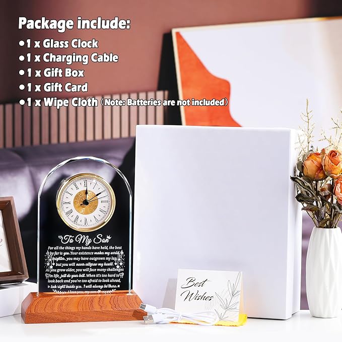 Meaningful Glass Clock Gifts for Son from Mom Dad Graduation with Wooden Light Base I Love You Personalised Glass Plaque Presents for Best Son Birthday Keepsakes for Him Table Decor