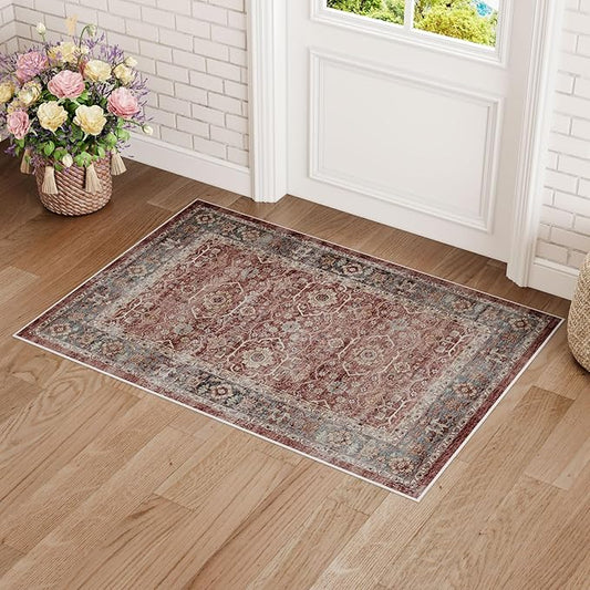 Dripex Vintage Washable Rug 2x3 Indoor Door Mat Non-Slip Entryway Rug Distressed Low-Pile Small Rug for Front Entrance Bathroom Rug Kitchen Living Room Bedroom