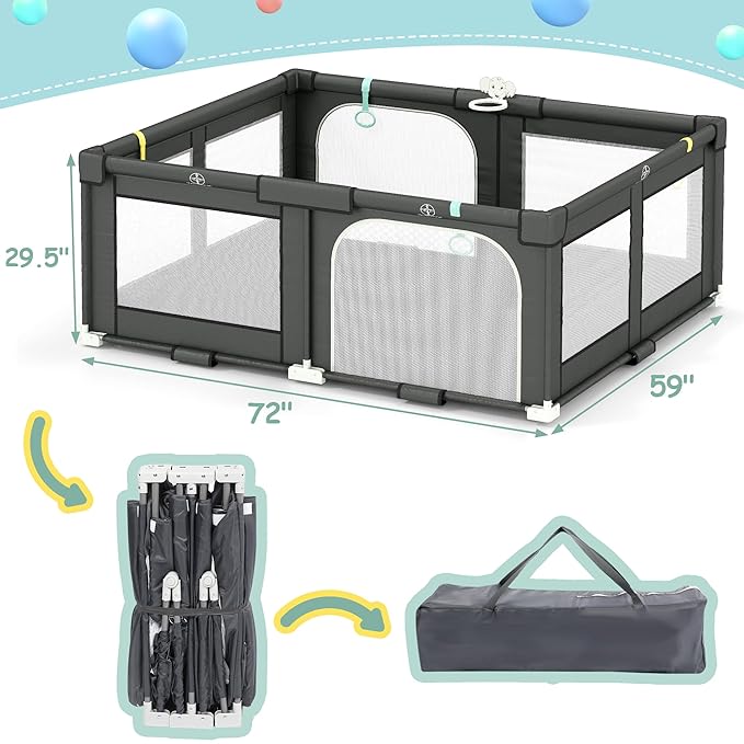 Foldable Playpen for Babies and Toddlers, 72" x 59" Extra Large Collapsible Play Pen with Basket, 4 Handlers & 50 Ocean Balls, Portable Travel Play Yard with Carry Bag, No Installation, Grey