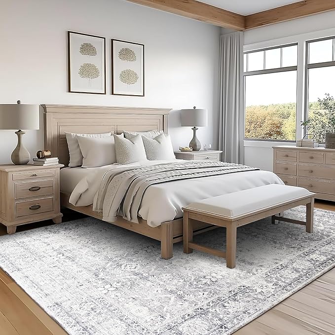 ReaLife Rugs Machine Washable Area Rug - Living Room Bedroom Bathroom Kitchen Entryway Office - Padded Low Pile Stain Resistant Premium - Boho Farmhouse Vintage - Noor - Silver Ivory 4' x 6'