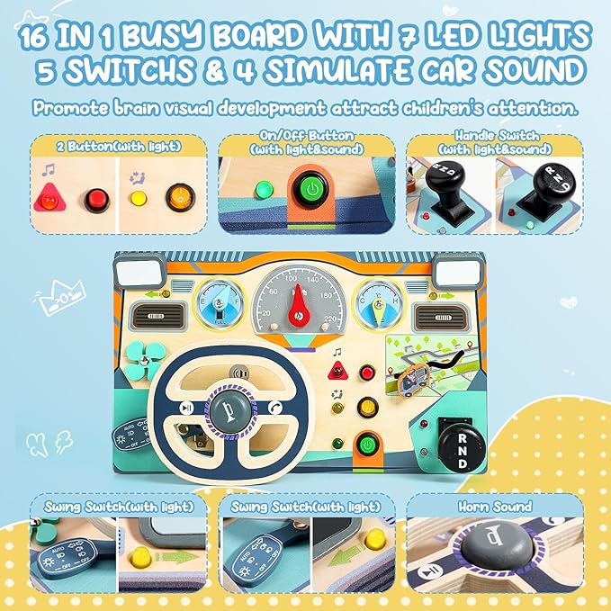 Busy Board Montessori Toys for 1 2 3 Year Old, Wooden Toddler Sensory Toys Busy Board with LED Lights Sound Switch, Toddlers Activity Travel Toy, Steering Wheel Toys Toddler Toy Gifts for Boys Girls