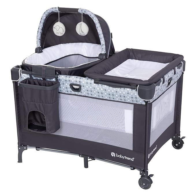 Baby Trend Nursery Den Playard with with Rocking Cradle, Snooze Pod, Flip Over Changer, Pebble Stone Grey