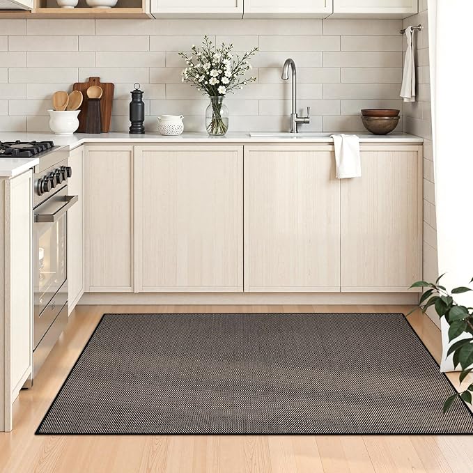 Wonnitar Farmhouse Washable Kitchen Rugs, 3x5 Non Slip Rubber Backed Area Rugs for Living Room, Braided Front Door Mat Neutral Woven Absorbent Throw Rugs for Entryway Bedroom Home Office(Black,3'x5')