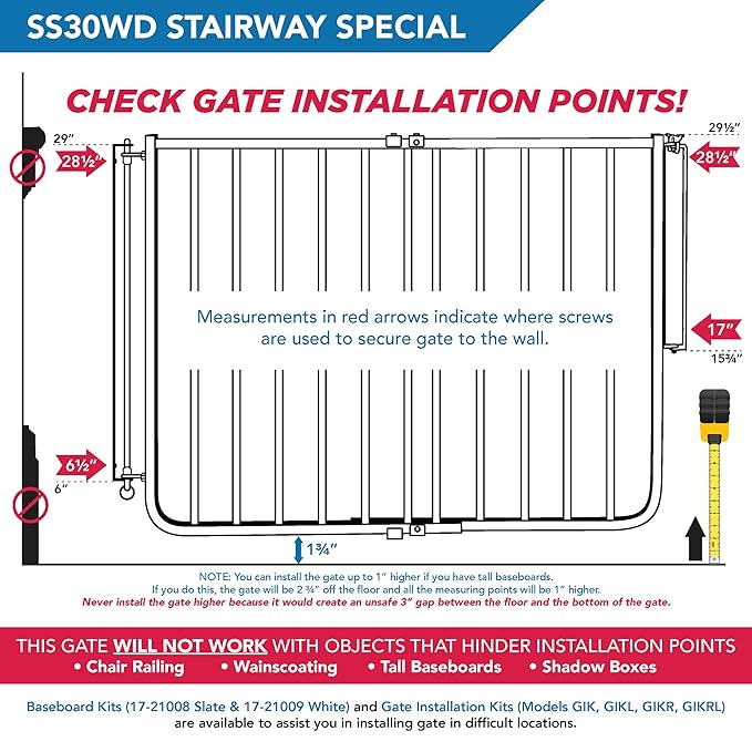 Cardinal Gates SS30 Stairway Special Baby Gate for Top of Stairs - Adjustable Indoor Dog Gate - Wooden Safety Gate for Kids & Pets - Can be Installed at Angles - 29.5 to 49 Inches Wide - Wood