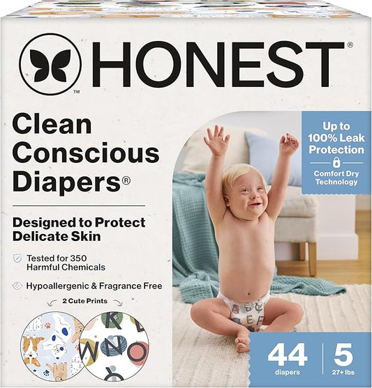 The Honest Company Clean Conscious Diapers for Delicate Skin | Up to 100% Leakproof | Hypoallergenic, Fragrance Free | Gender Neutral | Club Box, Size 5 (27+ lbs), 44 Count (Prints May Vary)