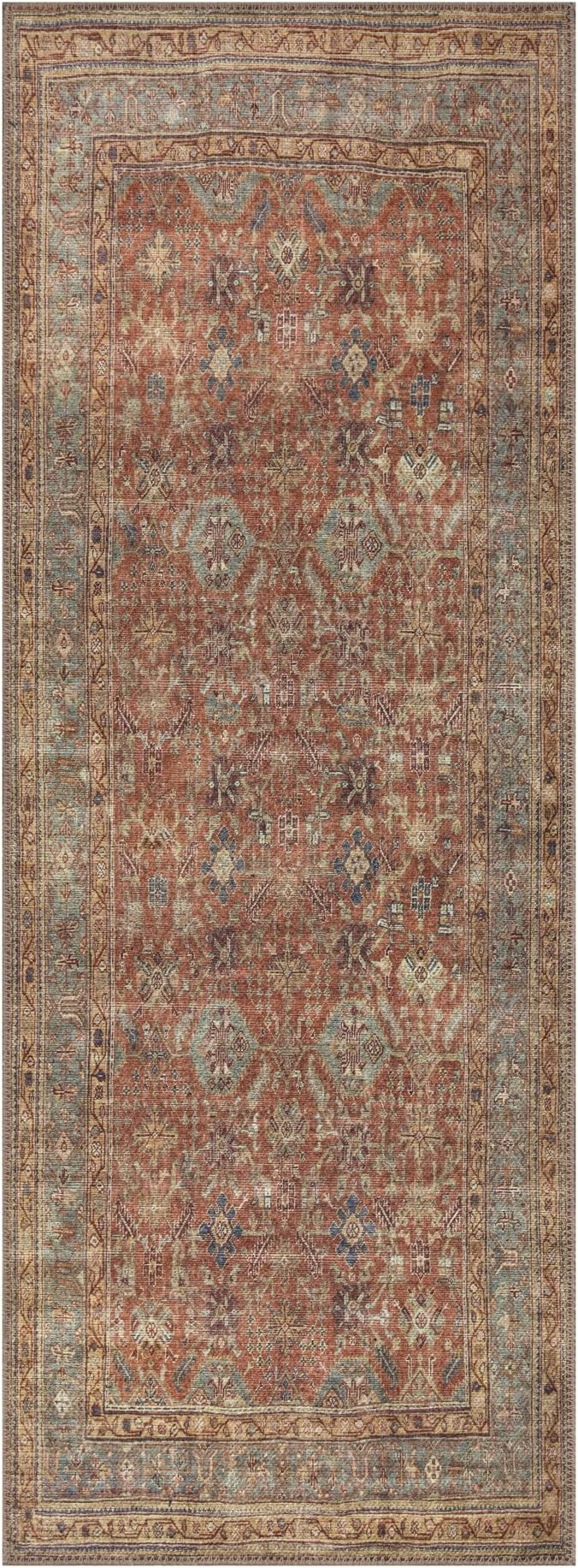 Bloom Rugs Washable Non-Slip 7 ft Runner - Terracotta/Mustard Traditional Runner for Entryway, Hallway, Bathroom, and Kitchen - Exact Size: 2.5' x 7'