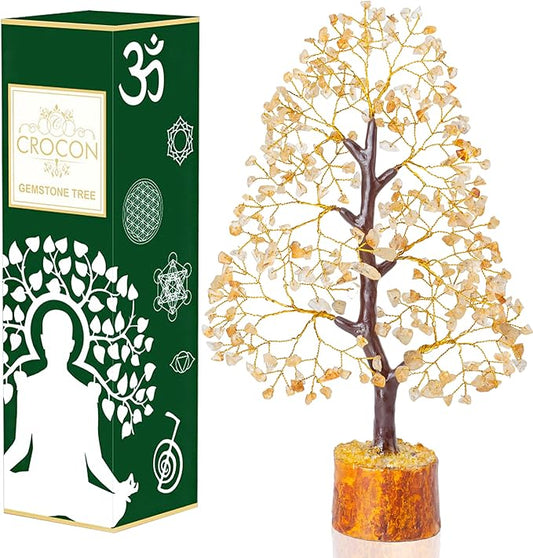 Crocon Citrine Gemstone Tree Feng Shui Figurine Money Bonsai Chakra Balancing Good Luck Prosperity Reiki Healing Crystals Decoration Ornament Sculpture Table Decor Gift Size 10-12"