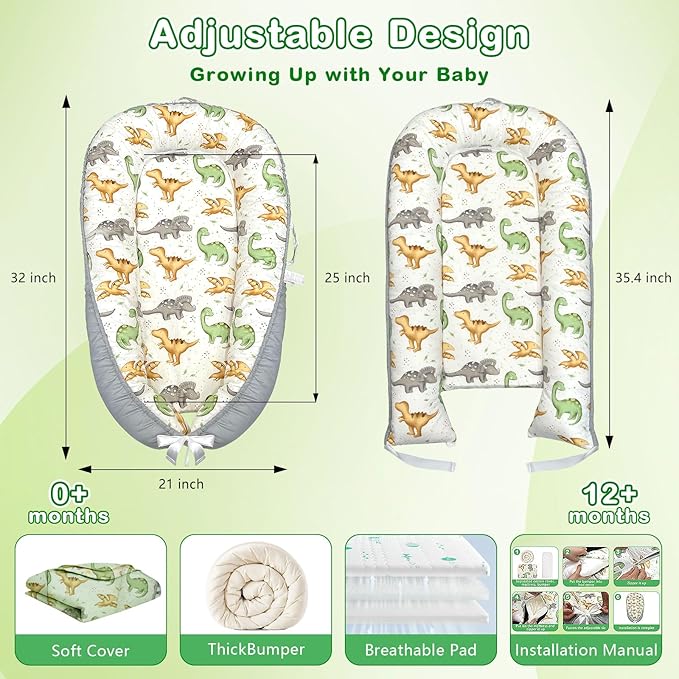 Baby Lounger for Newborn 0-24 Months, Baby Nest Cover Breathable and Soft Cotton, Infant Lounger with U-Shaped Safety Bumper for Cozy Comfort Essentials (Dinosuars)
