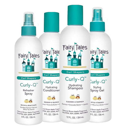 Fairy Tales Curly Hair Care Kit for Kids - Q Quad: Curly Hair Shampoo, Conditioner, Spray Gel, and Spray Refresher Bundle, Green Apple Scent, Phthalate, Paraben, Gluten Free, Hydrating, 4 Count