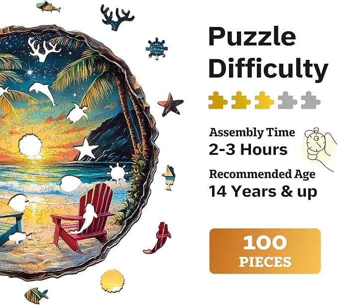Jigfoxy Wooden Puzzle for Adults, Sunset Beach Wooden Jigsaw Puzzles for Adults, Unique Animal Shape Wood Cut Puzzles for Family Friend Puzzle Lovers(S-8.5 * 8.4in-100pcs)