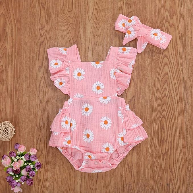 Baby Girls Floral Cotton Leotard Romper Newborn Daisy Playsuits Ruffled Sleeve Onesie Infant Jumpsuit Clothes Headband