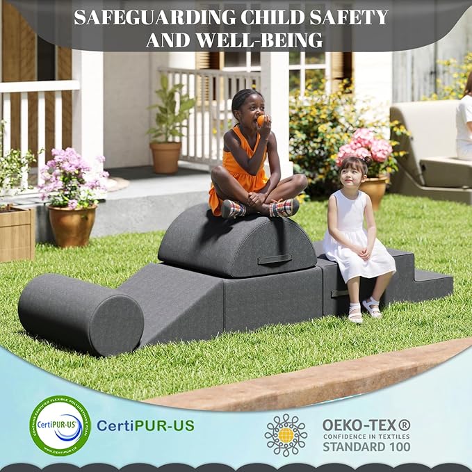 jela Kids Foam Climbing Blocks 6Pcs Soft Play Equipment Waterproof Fabric, UV Resistant Toddler Climbing Toys Indoor& Outdoor Soft Play Climbing Set, Lightweight Climbing Blocks for Kids (Darkgrey)