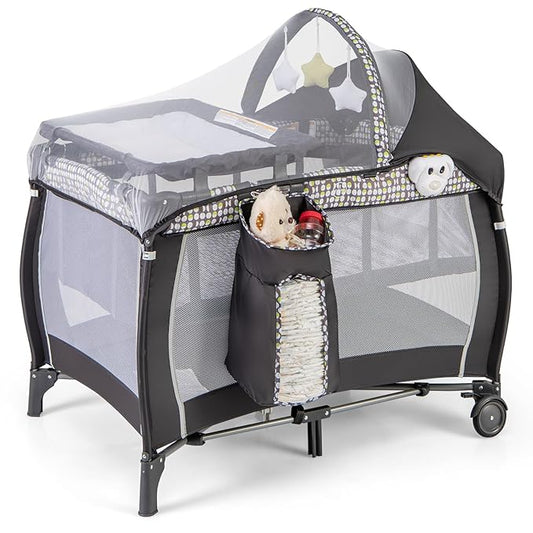 BABY JOY 4 in 1 Pack and Play, Portable Baby Playard with Bassinet, Adjustable Canopy, Changing Table, Lockable Wheels, Glowing Music Box, Travel Baby Crib Bassinet Bed from Newborn to Toddler Grey
