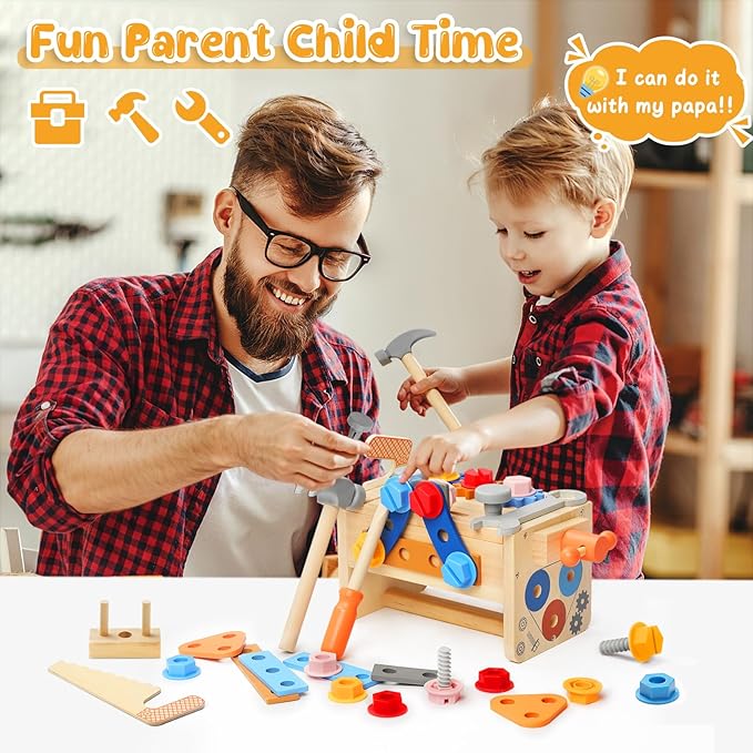 Myfolrena Kids Tool Set With Belt - Wooden Pretend Play Tools for Toddlers Ages 2-5 - Learning Stem Montessori Toys