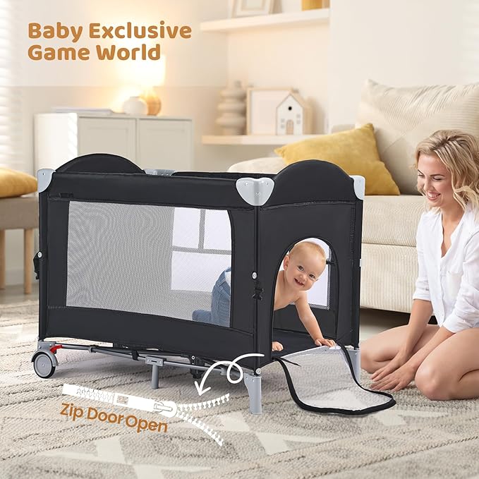JOYMOR Pack and Play with Changing Table, 5-in-1 Portable Baby Bedside Bassinet with Storage, Travel Crib with Carry Bag, Compact Fold (Black)