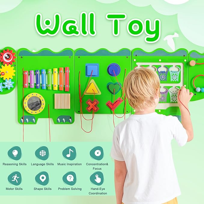 Crocodile Sensory Toys Activity Wall Panels, Educational Montessori Busy Board for Toddlers, Activity Cube - Sensory Wall, Wooden Learning Toys, Interactive Toy-Green