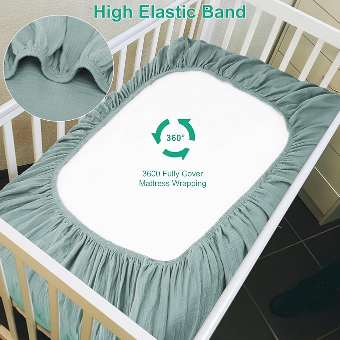 Muslin Mini Crib Sheets for Girls & Boys-2 Pack 24"x 38" Soft Baby Mattress Sheets Fitted-No Slip Neutral Toddler Cotton Bedding-Boho Nursery Décor Sage Green & Beige