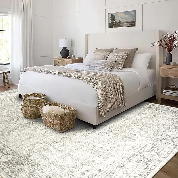 ReaLife Rugs Machine Washable Area Rug - Living Room Bedroom Bathroom Kitchen Entryway Office - Padded Low Pile Stain Resistant Premium - Boho Farmhouse Vintage - Lyle - Beige Ivory 4' x 6'