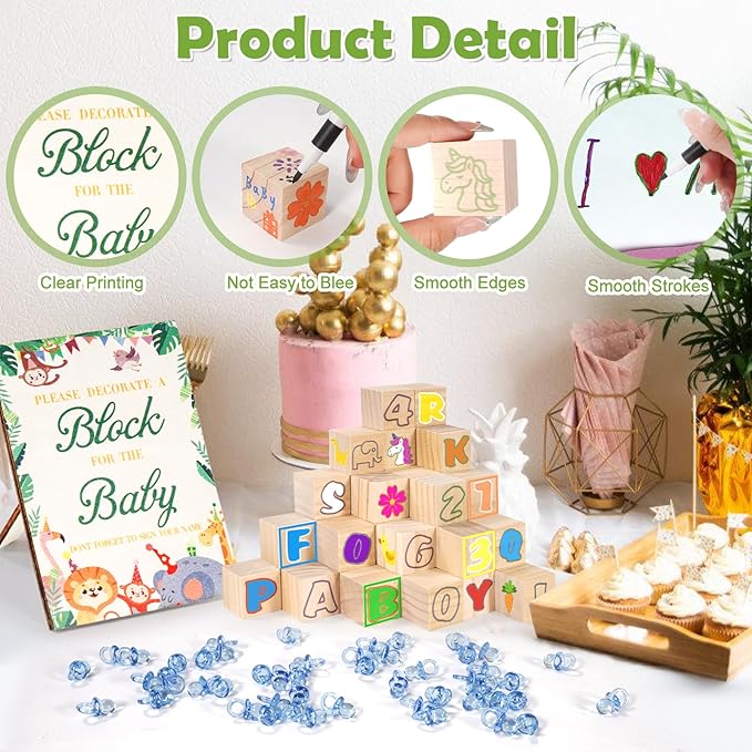 115 Pcs Baby Shower Games Sign Kit, Baby Shower Blocks to Decorate with 48 Wooden Blocks 50 Acrylic Baby Pacifiers 75 Stencils 24 Acrylic Paint Marker, Suitable for Gender Reveal Game