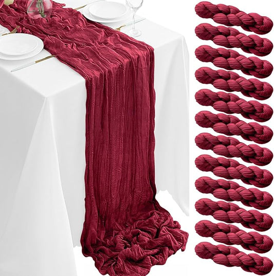 12Pack Burgundy Table Runners 10FT Cheesecloth Table Runner 35x120inch Cheese Cloth Table Runner Rustic Boho Gauze Table Runners for Party Wedding Birthday Dining Bridal Baby Shower Decor